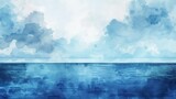 watercolor illustration of sea landscape with blue sea and sky, backdrop for cards and invitation