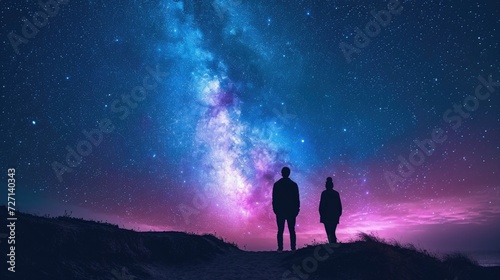 Rear view of couple while looking at starry sky at night