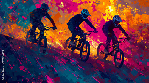 Experience Neon Velocity Fusion—a dynamic mosaic capturing the Olympic thrill of BMX RACING with speed, agility, and vibrant colors.