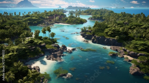 Bird's eye view showcasing an enchanting tropical island chain featuring lush palm groves, secluded coves, and shallow crystalline waters perfect for snorkeling. photorealistic Generative AI © vadosloginov