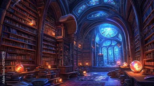 An ancient library filled with magical books  glowing orbs  and mystical artifacts. Shelves reach up to a high  vaulted ceiling  with soft light filtering through stained glass windows. Resplendent.