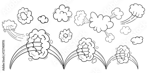 Comic motion effect, clouds speed way, trail set fast wind swirl, puff poof elements isolated on white background. Blow explosion