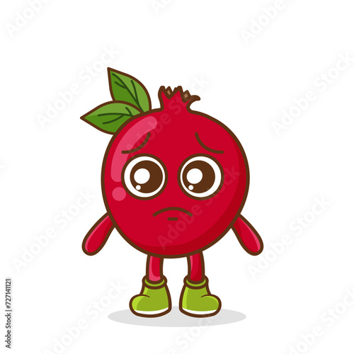 Cute sad pomegranate fruit character, pomegranate character with sad emotion, face, depressive eyes