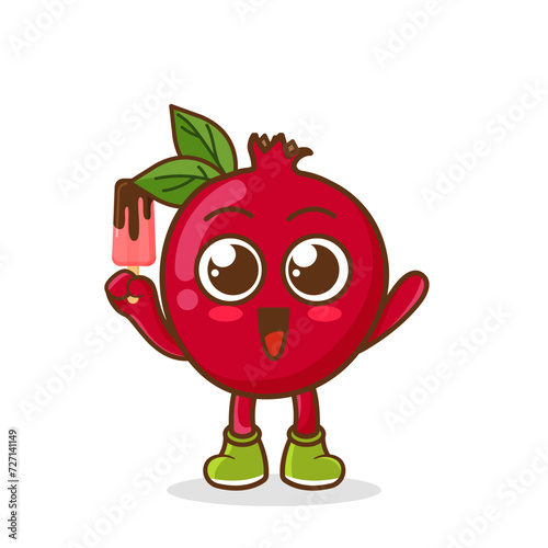 Cute smiling cartoon style pomegranate fruit character holding in hand ice cream, popsicle.