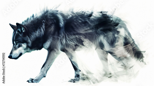 A stunning 3D rendering of a enigmatic wolf, captivating in its mystery and allure. This isolated artwork, with a clean white background, showcases intricate details that bring the wolf to l