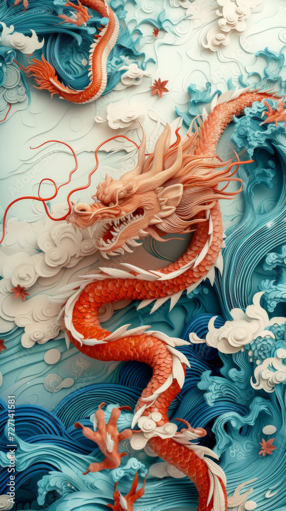 Obraz premium Chinese dragon flying along a wave of paper.