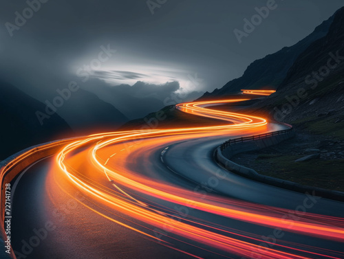 A road through a mountain landscape at night with bright light trails.