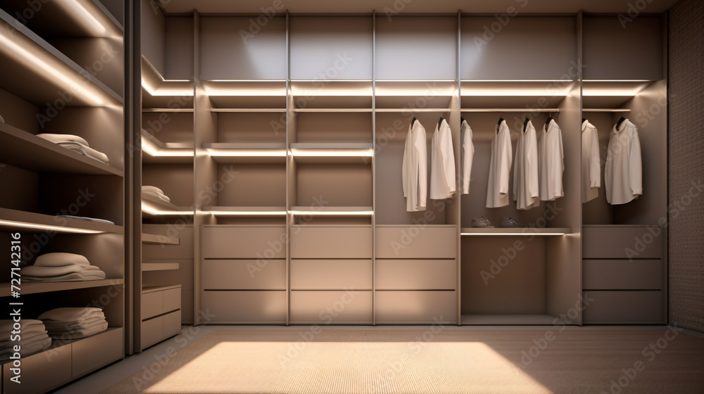 Modern luxry glossy white walk in closet, minimal walk in wardrobe dressing room interior design. Modern luxry glossy white walk in closet, minimal walk in wardrobe dressing room interior design.