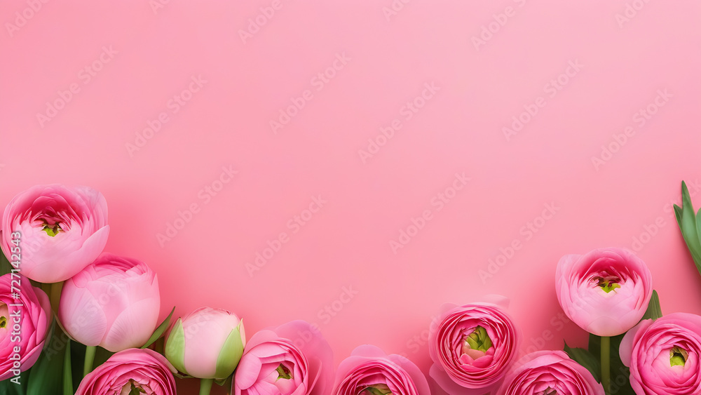 Beautiful pink ranunculus with space for text on pink background ...