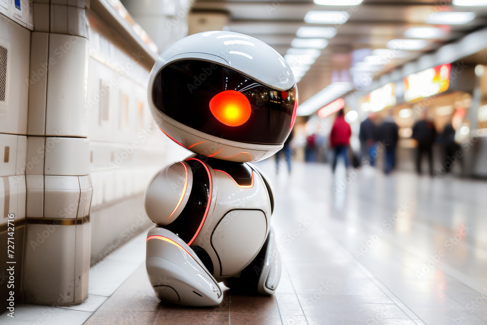 A sleek modern robot designed to interact with humans, moving through a public indoor space. A sleek modern robot designed to interact with humans, moving through a public indoor space.
