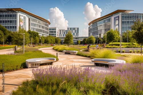 A modern corporate campus with landscaped gardens, walking paths, and seating areas on a sunny day with a clear sky. © apratim