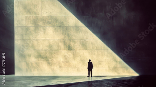 A solitary figure stands in a spacious setting bathed by a dramatic beam of light, creating an impactful visual scene with a modern architectural backdrop.