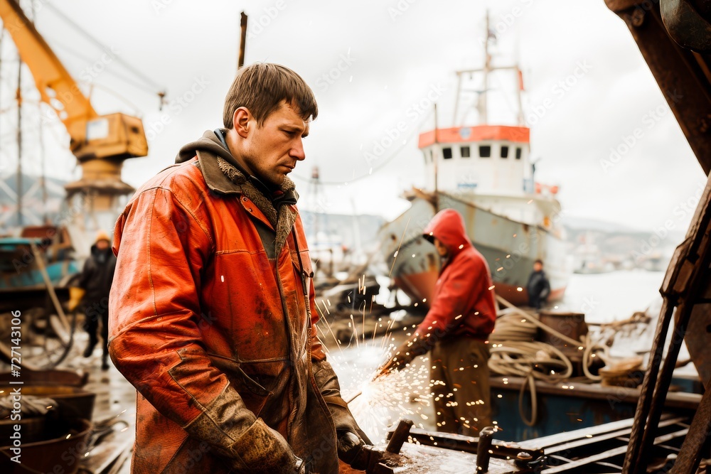 Fisherman in an orange jacket welding at the dock with a fishing boat in the background on a cloudy day. Fisherman in an orange jacket welding at the dock with a fishing boat in the background on a cloudy day.