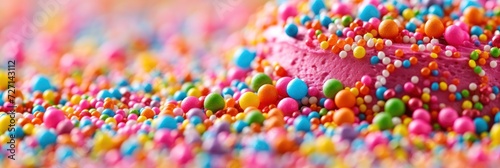 Colorful Sprinkles Pink Birthday Cake Background Closeup Rainbow Nonpareils