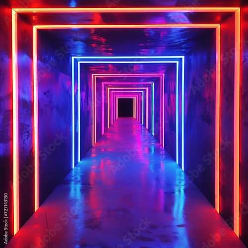 A tunnel of shifting dimensions  with neon lights guiding a journey through the fabric of spacetime