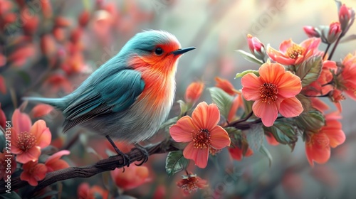 Beautiful little bird robin, sits on a branch of a blooming tree with pink flowers in a sunny spring garden,
