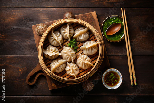 Steamed dumplings meat gyoza on a round plate with soy sauce and chopsticks
