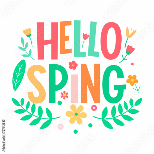 Hello spring on white background. Flat vector.