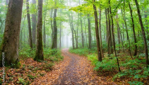 forest trail on a misty morning in early fall