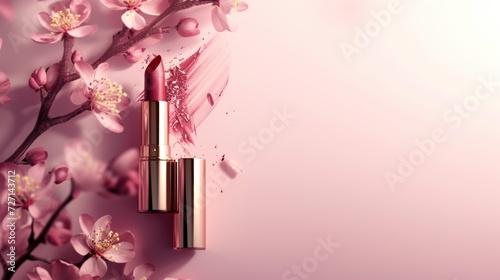 Lipstick With Pink Flowers on Pink Background
