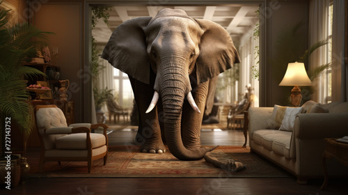 Big elephant in the living room. Photo and cg elements combination concept
