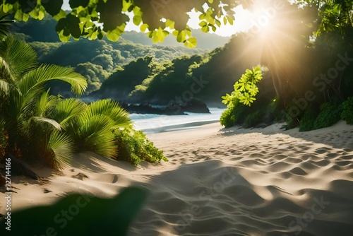 Fototapeta Naklejka Na Ścianę i Meble -  An enchanting view of a sunlit beach surrounded by lush greenery, captured in realistic