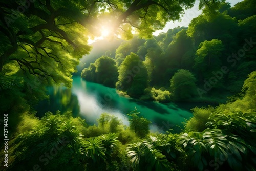 A serene landscape with lush green trees  captured by an HD camera  the vibrant foliage and natural beauty presented in realistic