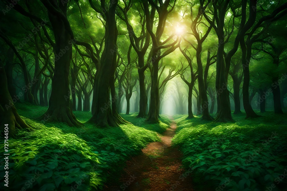 Naklejka premium An enchanting scene featuring a grove of green trees, the high-definition camera showcasing the lush foliage and the interplay of light and shadow in vivid