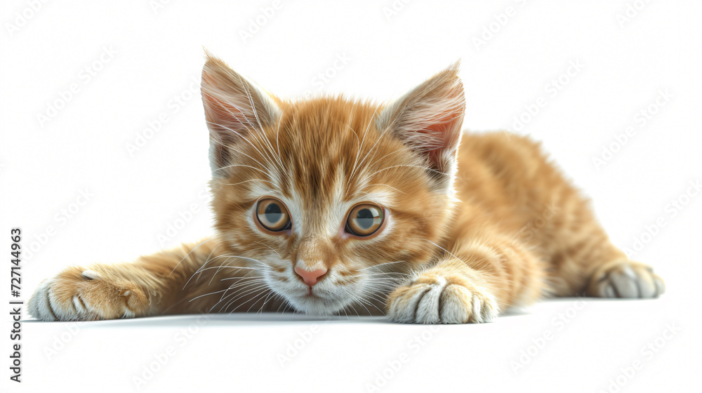 A whimsical and endearing 3D rendering of a playful kitten, captured in super-realistic detail. With its wide-eyed curiosity, the adorable feline stands out against a clean white background,