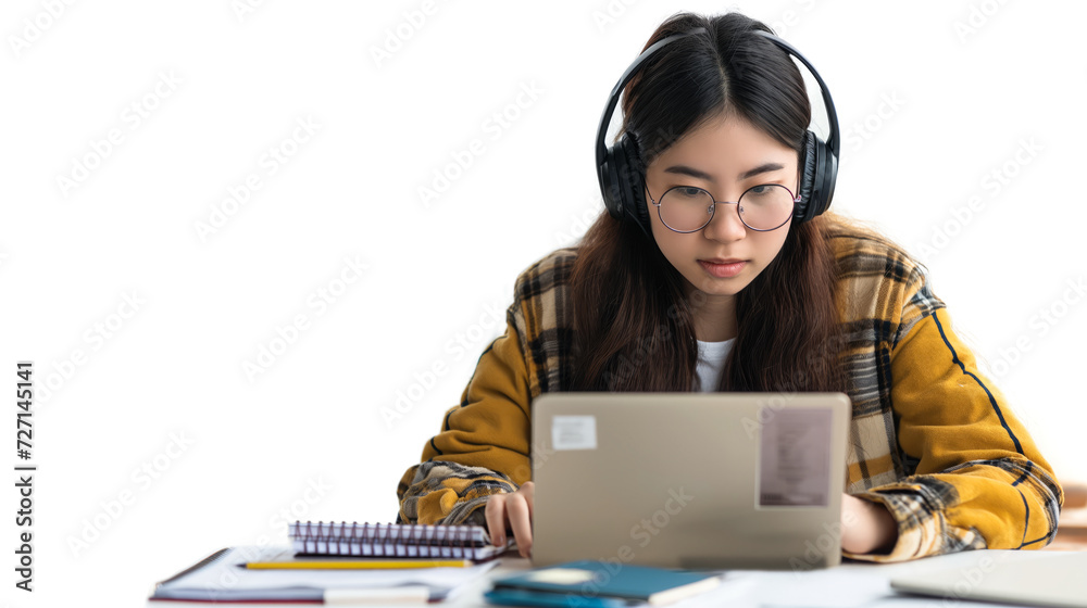 A Chinese student wearing headphones, engaged in an online class on a laptop A Chinese student wearing headphones, engaged in an online class on a laptop