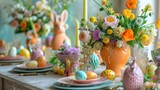 Easter Table With Vase of Flowers and Easter Eggs