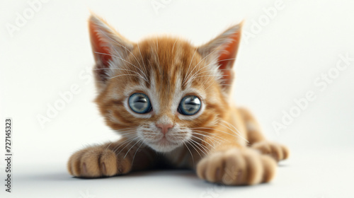 A whimsical and endearing 3D rendering of a playful kitten, captured in super-realistic detail. With its wide-eyed curiosity, the adorable feline stands out against a clean white background, © stocker