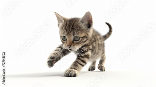 A delightful artwork of a mischievous kitten in a captivating 3D style, exquisitely rendered with exceptional attention to detail. This playful feline is depicted in a dynamic pose, ready to