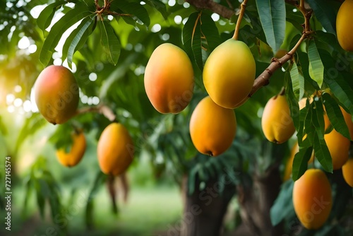 An immersive scene of mature mango trees laden with fruits, captured with exquisite detail in realistic