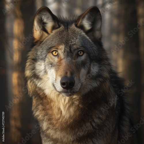 An intimate close-up portrait capturing the majestic beauty of a grey wolf in the enchanting woods  showcasing the wild essence and natural allure of this magnificent creature