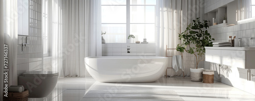 modern bathroom interior with panoramic windows and a large white bathtub in white