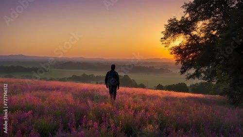 silhouette of a person in a field at sunset
