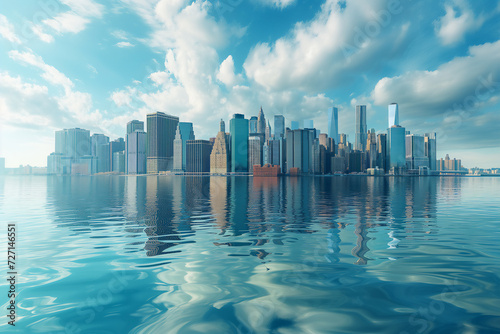 A panoramic image of a flooded coastal city.