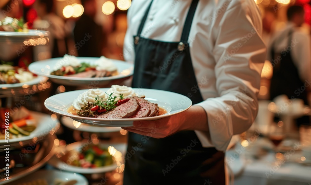 Waiter carry plate with steak meat or fresh dish on wedding ceremony.