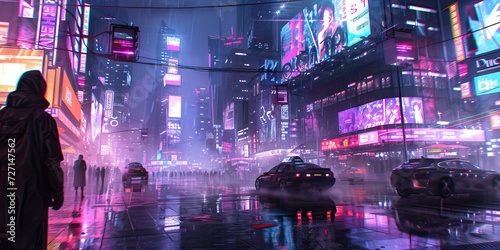 Digital Dystopia: A Cyberpunk Illustration of a Bleak Futuristic Cityscape with Glowing Neon Signs and Holographic Advertisements