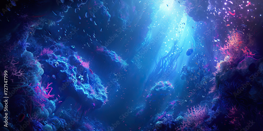 Bioluminescent Fantasy: An Imaginary Underwater Scene Featuring Glowing Sea Creatures and Vibrant Coral Reefs in Deep Ocean Waters