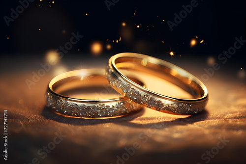 Golden wedding rings symbolizing love and marriage,two wedding rings are together on a glittering surface ,Generative Ai