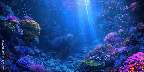 Bioluminescent Fantasy: An Imaginary Underwater Scene Featuring Glowing Sea Creatures and Vibrant Coral Reefs in Deep Ocean Waters