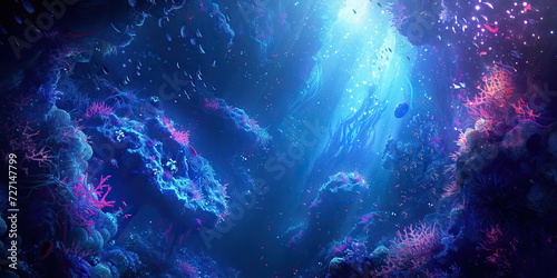 Bioluminescent Fantasy  An Imaginary Underwater Scene Featuring Glowing Sea Creatures and Vibrant Coral Reefs in Deep Ocean Waters