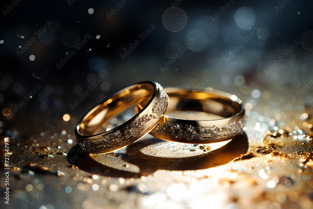 Golden wedding rings symbolizing love and marriage,two wedding rings are together on a glittering surface ,Generative Ai Golden wedding rings symbolizing love and marriage,two wedding rings are together on a glittering surface ,Generative Ai