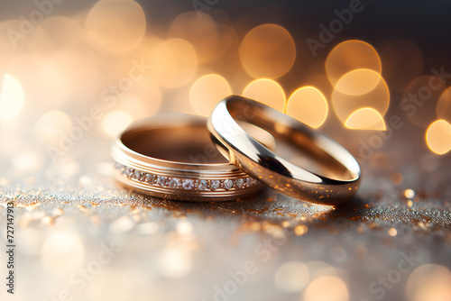 Golden wedding rings symbolizing love and marriage,two wedding rings are together on a glittering surface ,Generative Ai