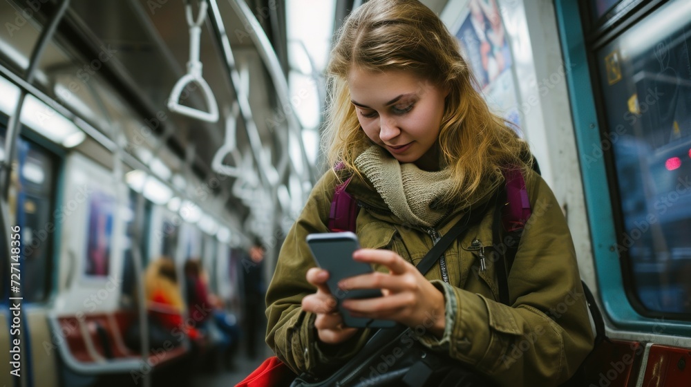 Female tourist in backpack looking at smartphone while riding the subway