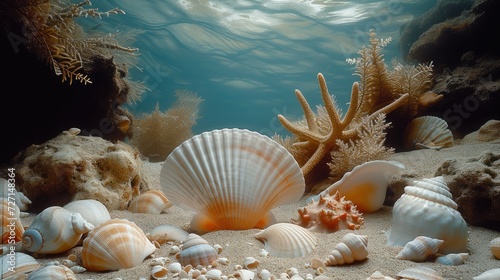 Fototapeta Naklejka Na Ścianę i Meble -  Seabed with shells, bottom colors. Generative AI.