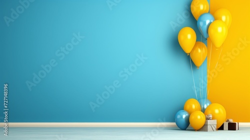 Foto Happy birthday background with colorful balloons and gift boxes