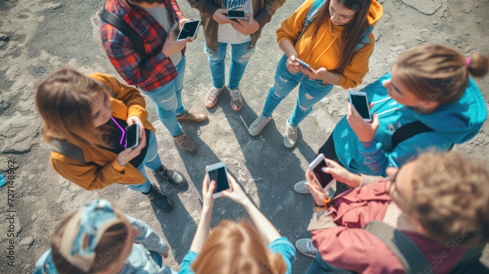 Group of young people standing in a circle using cell phones outside, unrecognizable teenage friends viewing social media content on smartphone apps.